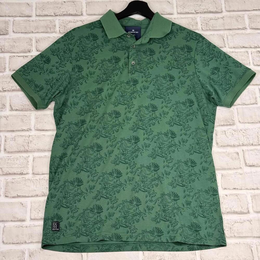 Ogechi Polo Shirt‎ Green Floral Pattern India Cotton Sheen Slim Fit Men's Size L